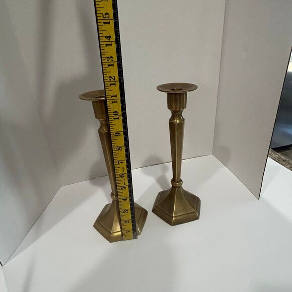 Vintage Brass Candlesticks Holder Featuring Six Sided Hexagonal Base Design - Picture 7 of 12